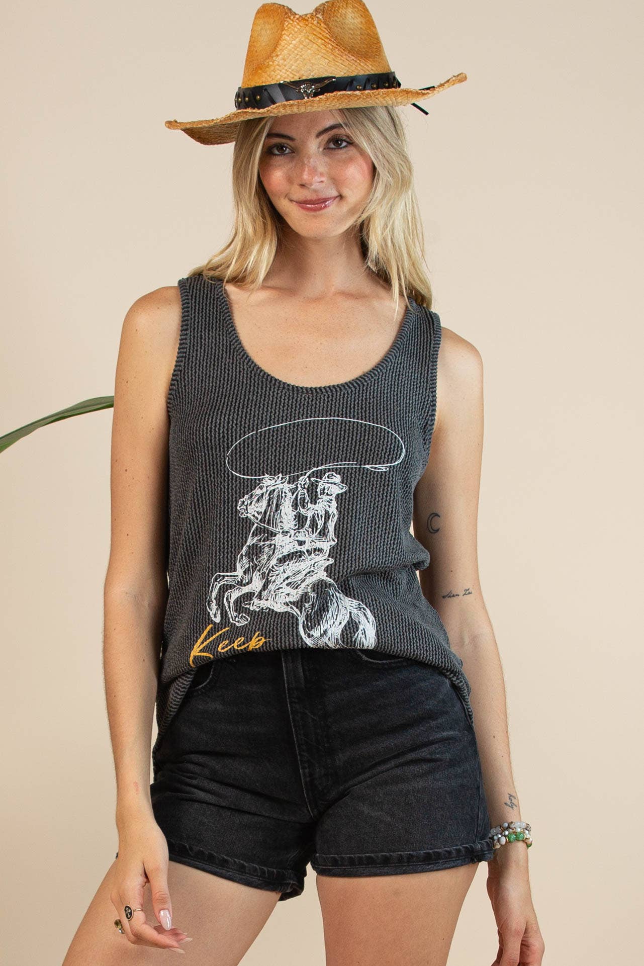 Thelma Western Keep On riding Graphic Rib Top