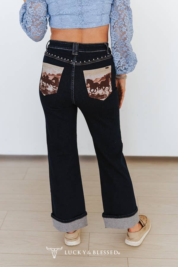 Dark Wash Vintage Printed Back Pocket Studded Jeans (28in)