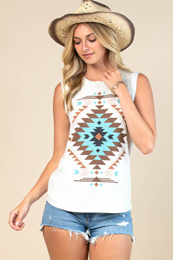 Barb Aztec Graphic Sleeveless Top