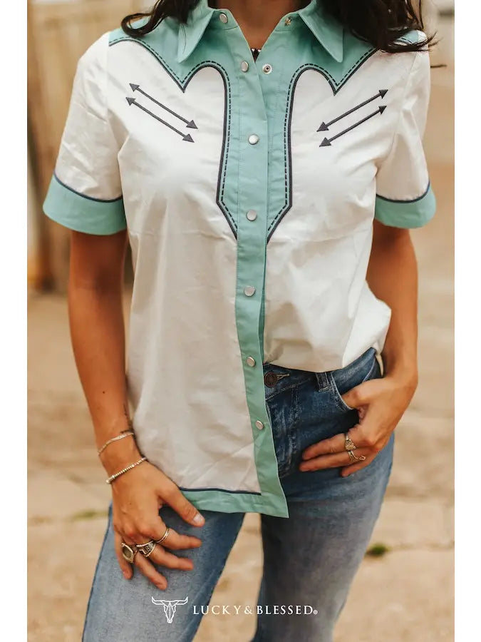 White W/Blue Cowgirl Pearl Snap Button Up SS By L&B