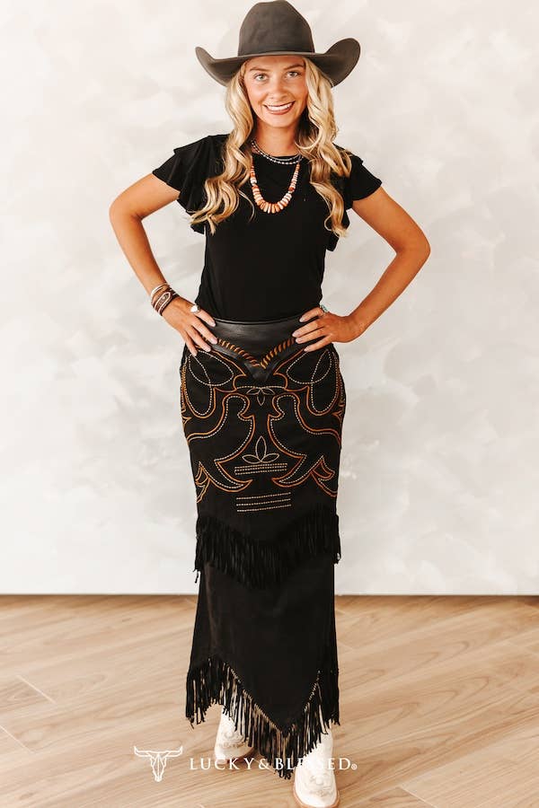 Black Boot Stitch Suede Fringe Skirt W Leather Upper Yoke By L&B