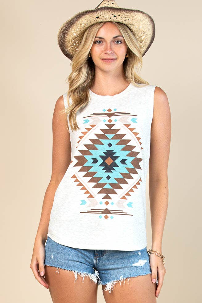 Barb Aztec Graphic Sleeveless Top
