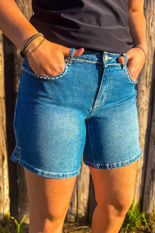Stitched Denim Shorts Long By Sterling Kreek