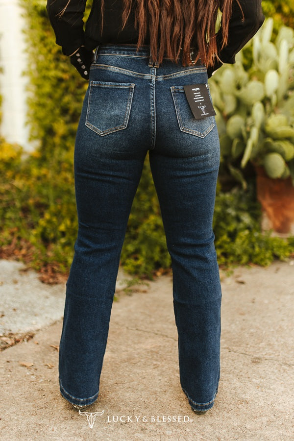 Dark Wash High Rise Vintage Side Button Detail Bootcut Jeans (32in Inseam) By L&B