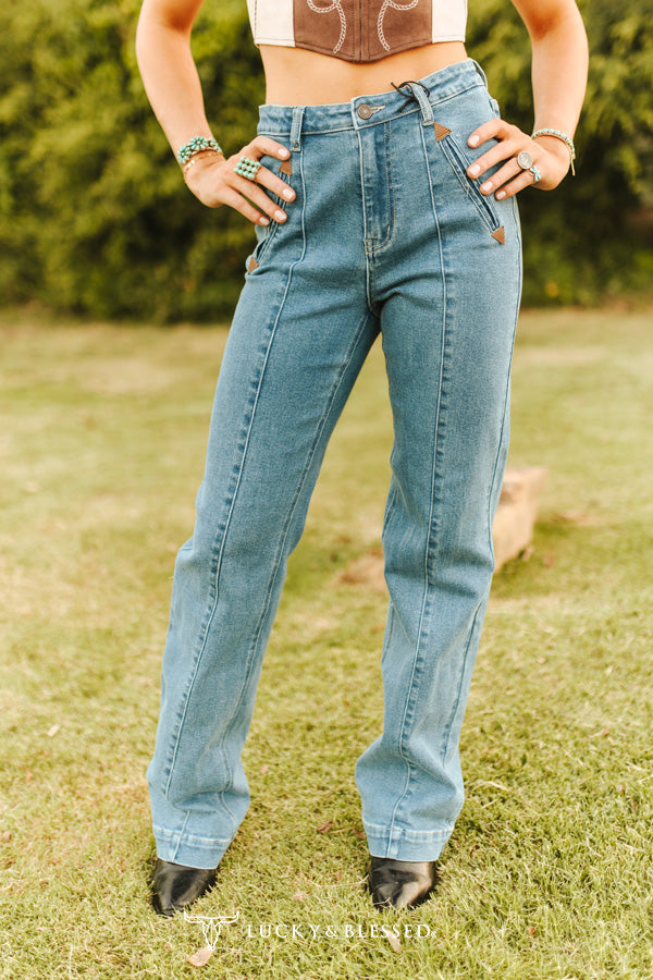 Mid Wash High Rise Crease Wide Leg Jeans L&B