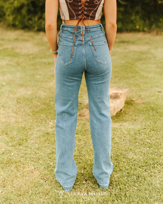 Mid Wash High Rise Crease Wide Leg Jeans L&B