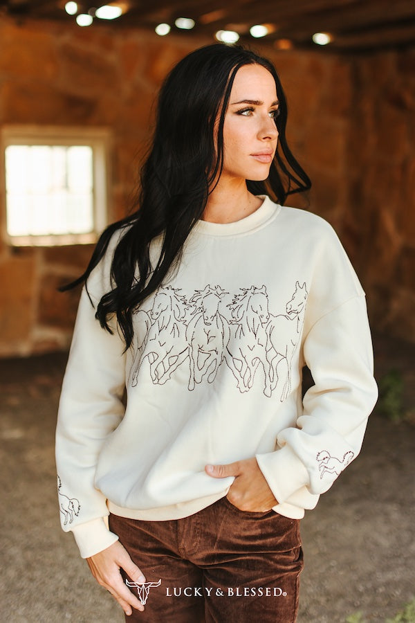 Cream Western Horse Embroidered Sweatshirt By L&B