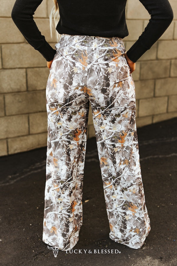Camo Printed Drawstring High Waisted Wide Leg Pants By L&B