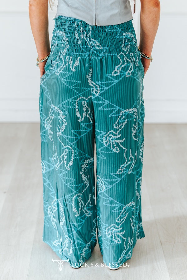 Teal Horse Printed High Rise Smock Elastic Waistband Pants By L&B
