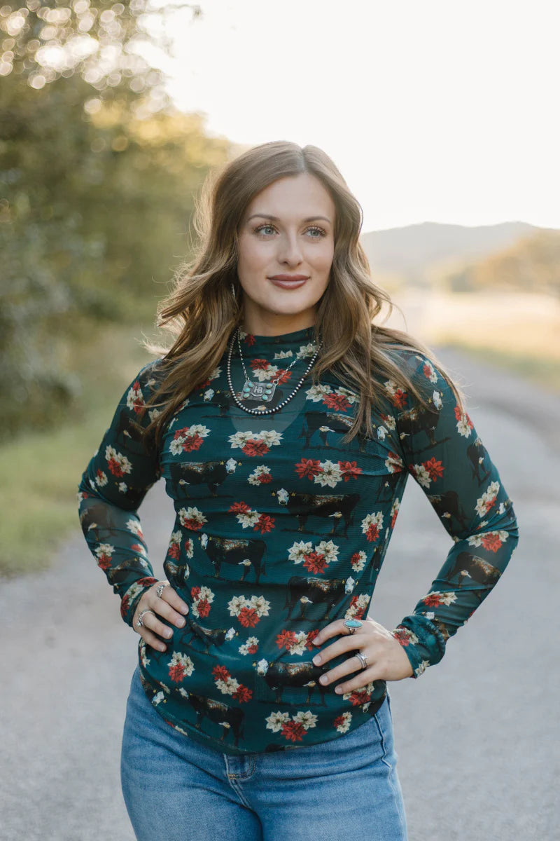 Poinsettias on the Prairie Mesh Top By Sterling Kreek