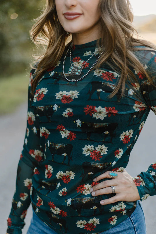 Poinsettias on the Prairie Mesh Top By Sterling Kreek