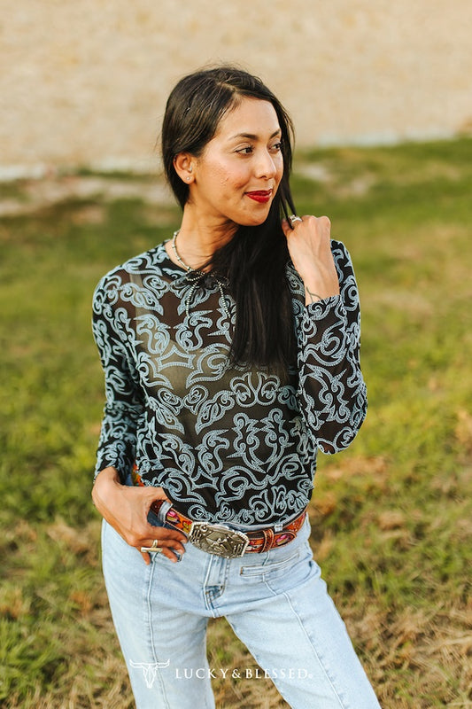 Black Ivory Burnout Mesh Long Sleeve Top By L&B