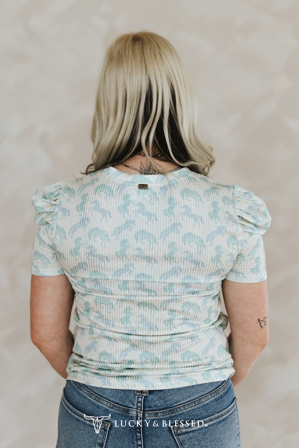 Mint Horse Printed Puff Short Sleeve Top By L&B