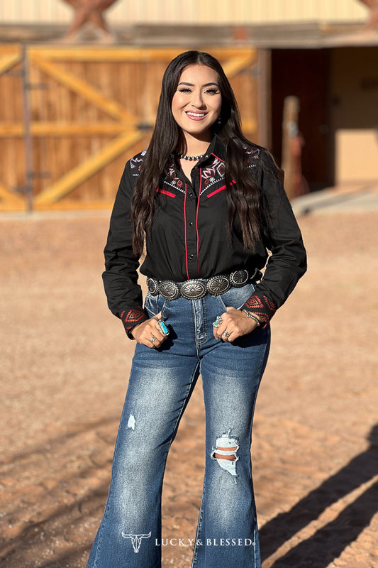 Embroidered Western Yoke Pearl Snap Top Plus Size By L&B