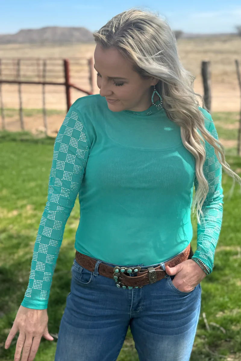 Checked In Turquoise Mesh Top By Sterling Kreek
