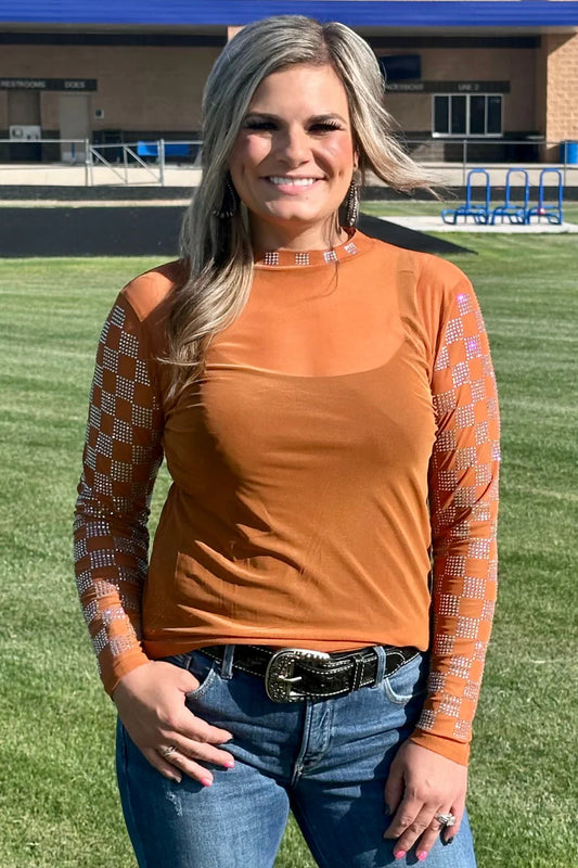 Checked In Burnt Orange Mesh Top By Sterling Kreek