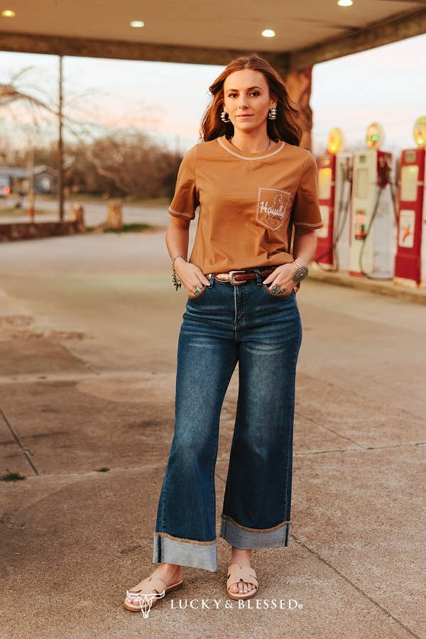 Camel Horse Contrast Embroidered Short Sleeve Pocket Tee