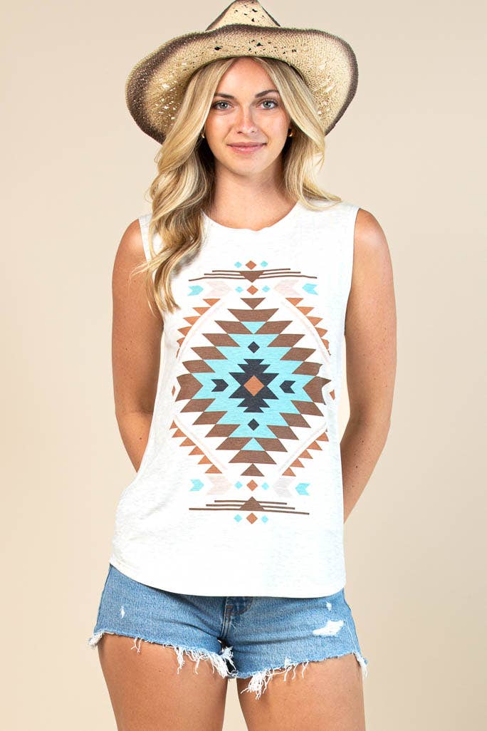 Barb Aztec Graphic Sleeveless Top