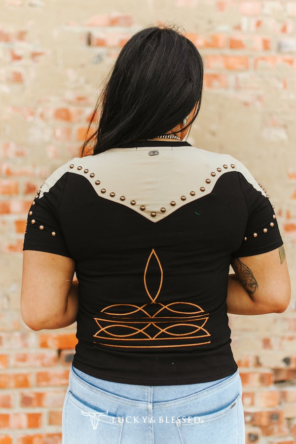Black Western Beige Contrast Studded Top By L&B