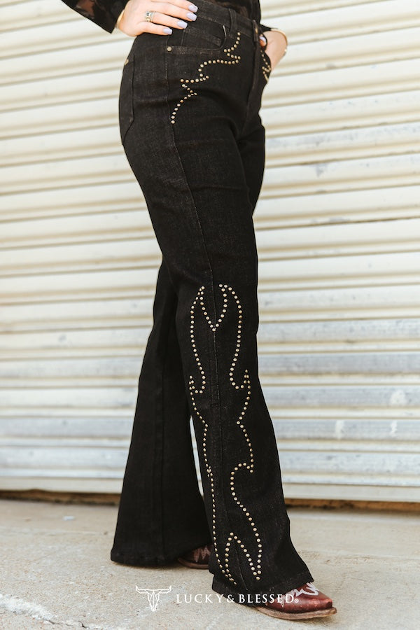 Black Bootstitch Studded High Rise Bootcut Jeans By L&B