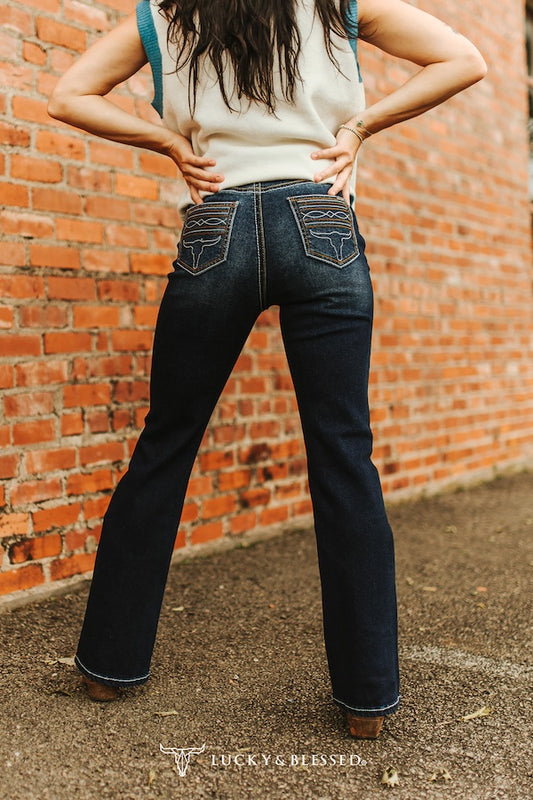 Skull  Pocket Dark Wash Boot Cut Jeans L&B