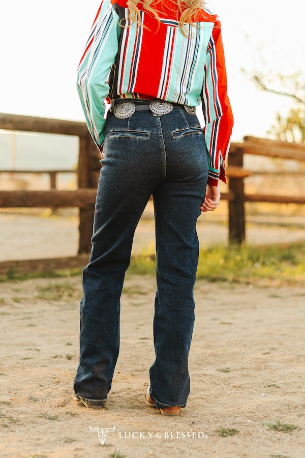 Dark Wash High Rise Western Yoke Trouser Jeans By L&B