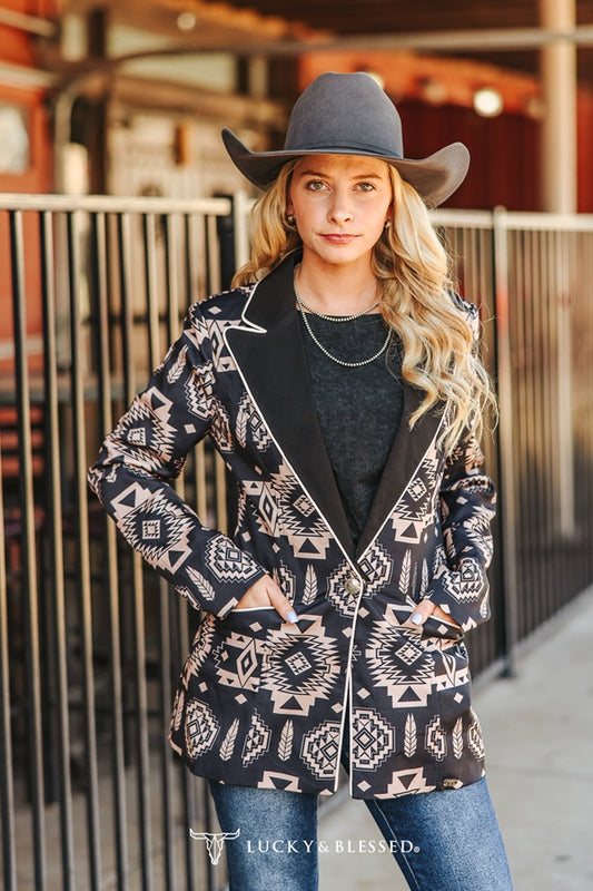 Black Aztec Printed Blazer By L&B
