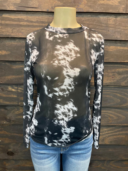 Black Cowhide Print Mesh Top By L&B