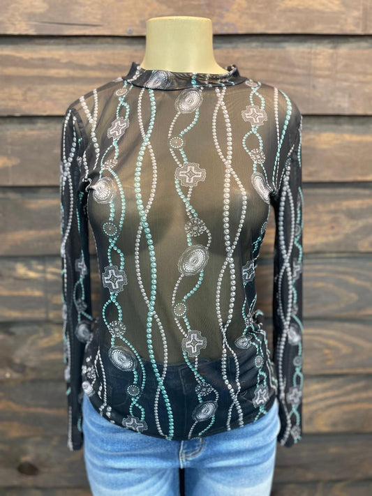 Black Turquoise Concho Mesh Top By L&B