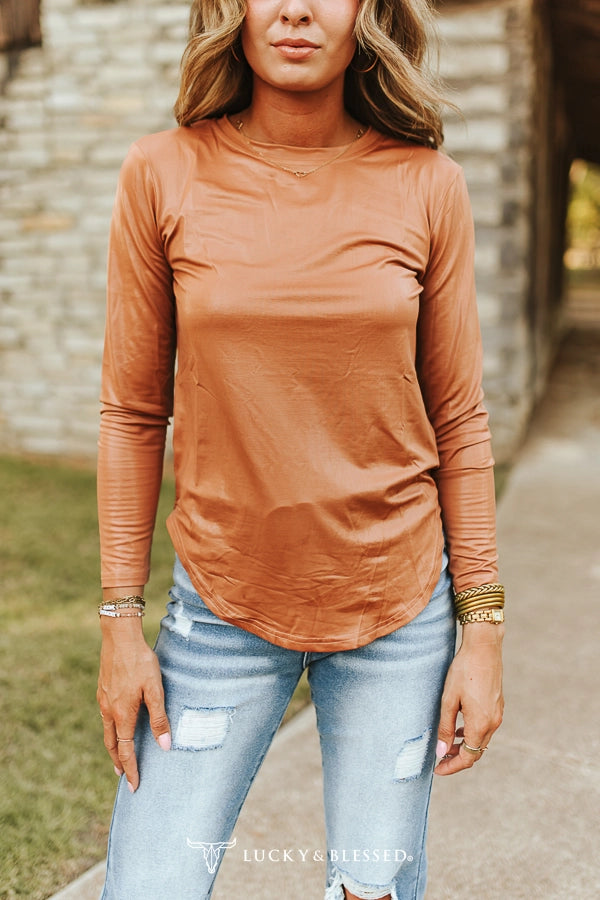 Camel Faux Leather LS Top By L&B