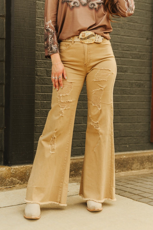 Camel High Rise Distressed Wide Leg Jeans By L&B