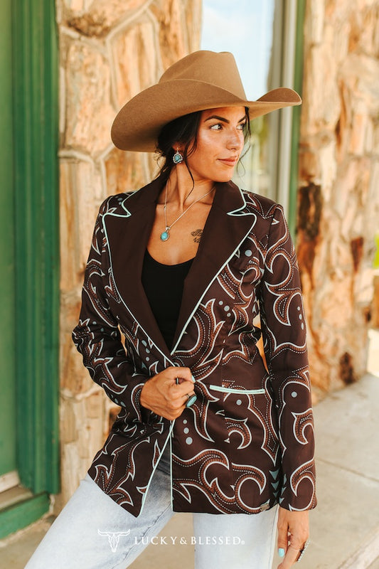 Chocolate Bootstitch Turq Piping Blazer By L&B