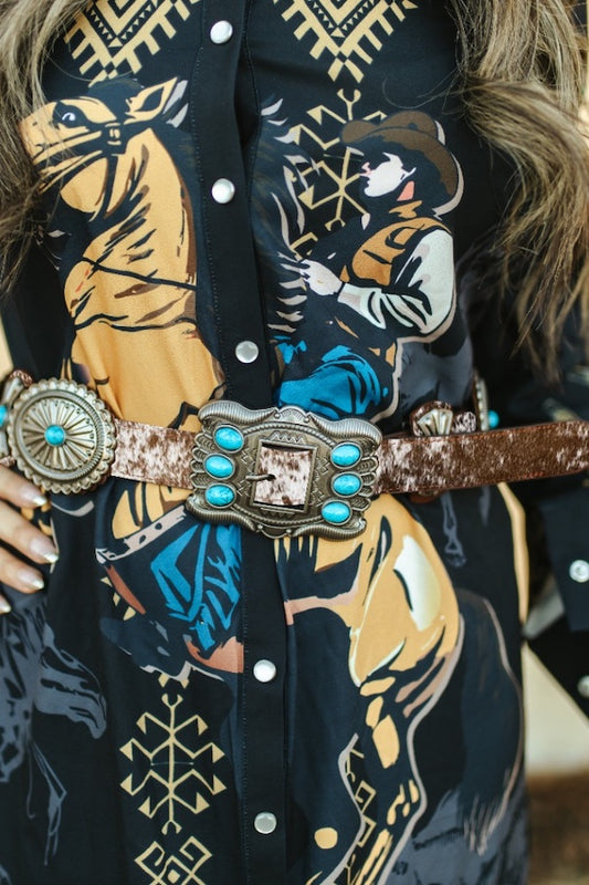 Cowhide Leather Turq Stone Concho Belt By L&B