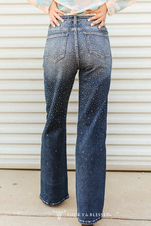 Rhinestone Studded Mid Rise Flare Jeans By L&B