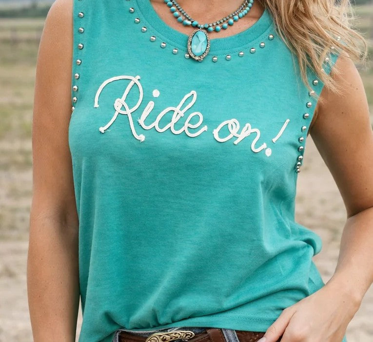Teal Ride On Studded Tank Top By L&B
