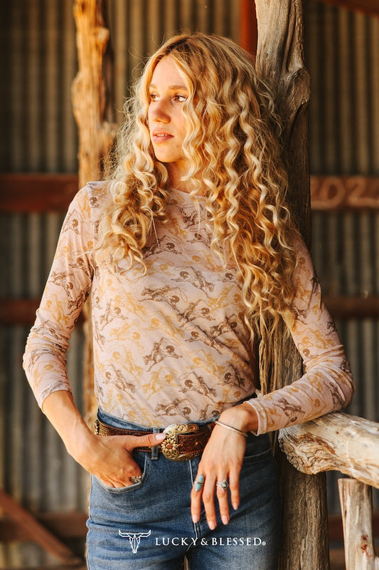 Tan Horse Cowboy Western Mesh LS Top By L&B