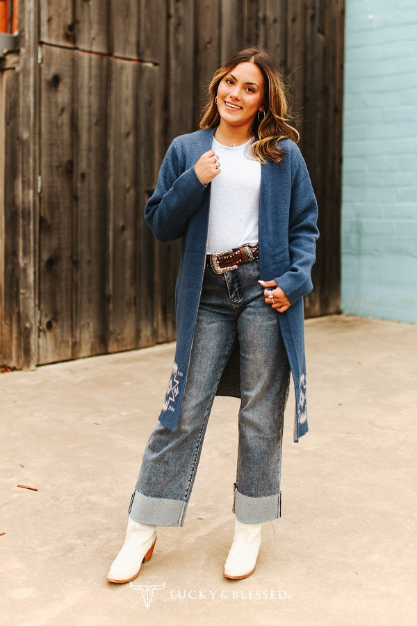 Teal Horse Print Cardigan W/Pockets By L&B