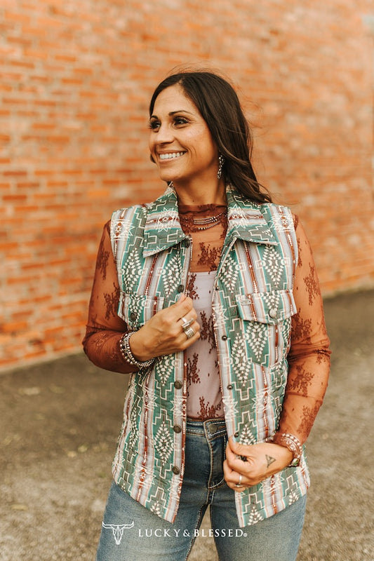 Vintage Teal Aztec Quilted Vest By L&B