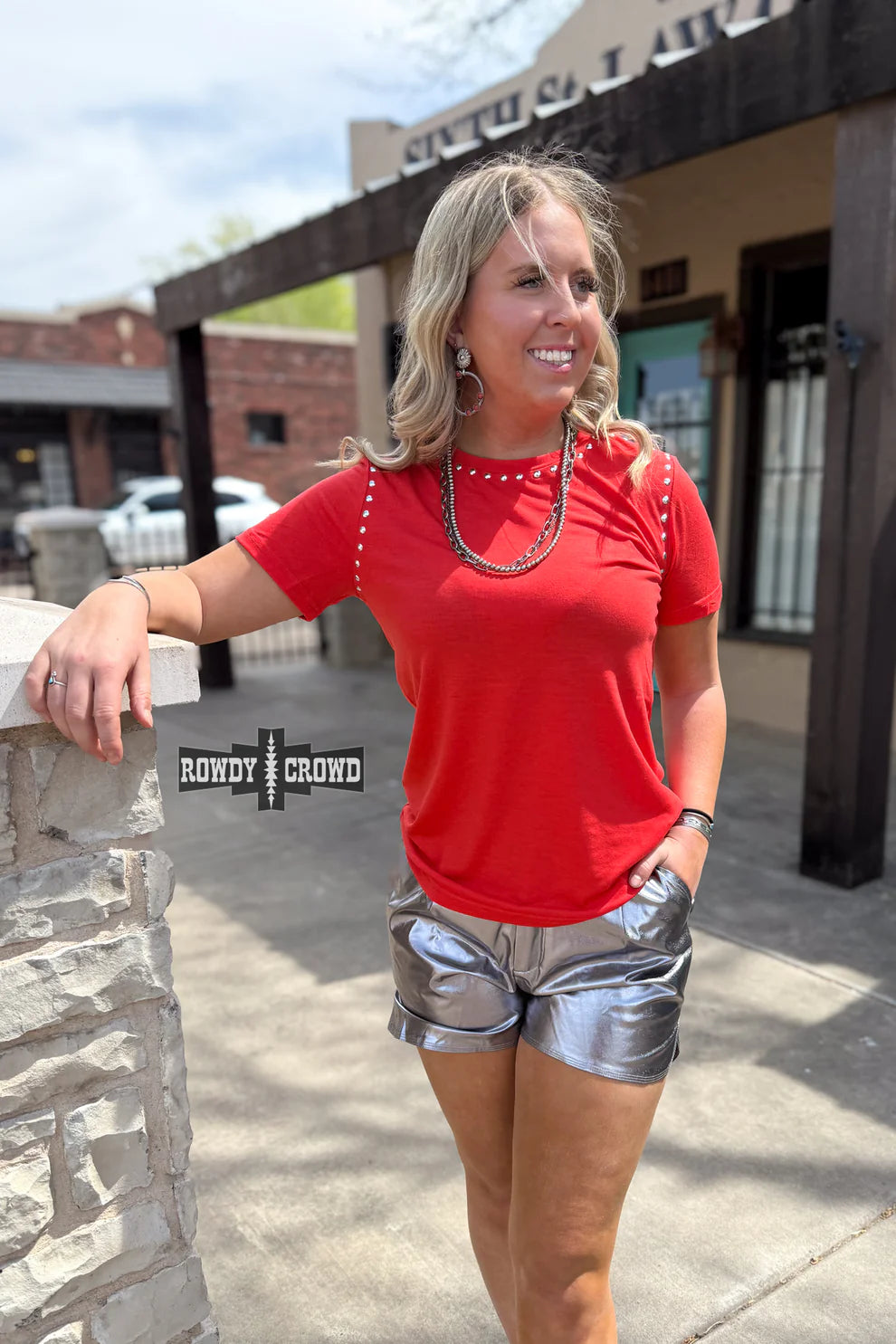 Candy Apple Red Starry Stud Tee By Rowdy Crowd