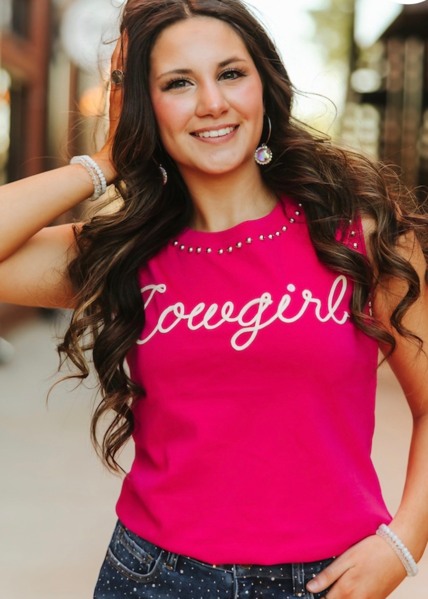 Hot Pink Cowgirl Vintage Silver Studded Tank Top By L&B