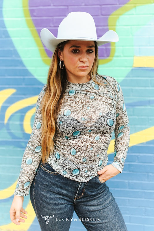 Ivory Tooled Turquoise Stone LS Mesh Top By L&B