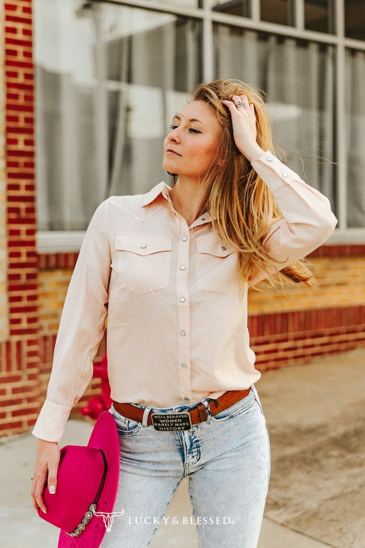 Beige Western Yoke Pearl Snap Button Down Shirt L&B
