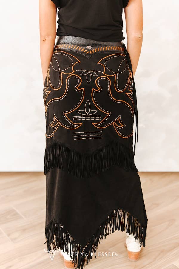 Black Boot Stitch Suede Fringe Skirt W Leather Upper Yoke By L&B