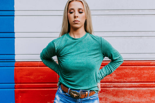Acid Washed Ribbed Mock Top - Olive