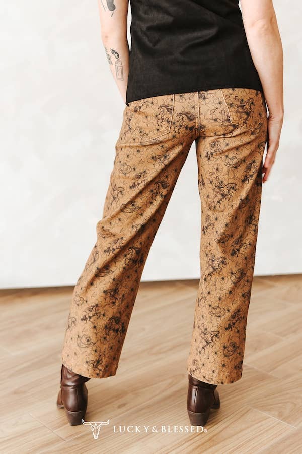Camel Floral Printed Mid Rise Barrel Jeans (28in)