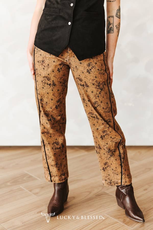 Camel Floral Printed Mid Rise Barrel Jeans (28in)