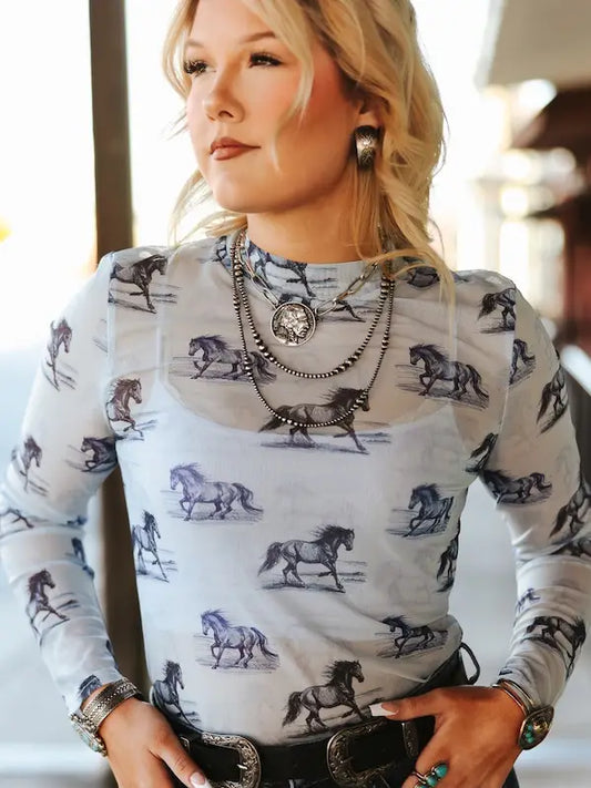 Light Blue Western Horse Print L/S Mesh Top By L&B