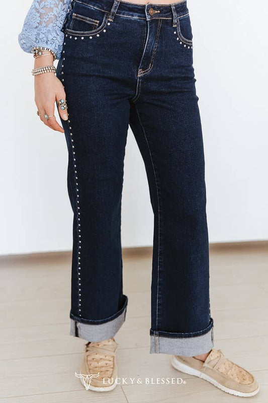 Dark Wash Vintage Printed Back Pocket Studded Jeans (28in)
