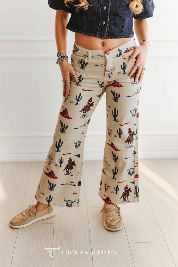 Western Printed Mid Rise Denim Wide Leg Crop Jeans (28in) By L&B