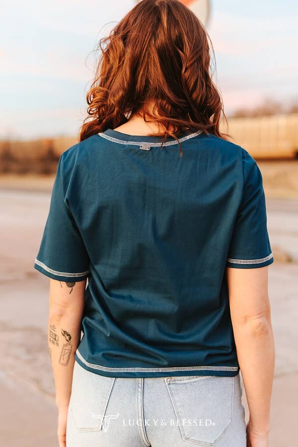 Navy Born To Ride Horse Embroidered Short Sleeve Pocket Tee